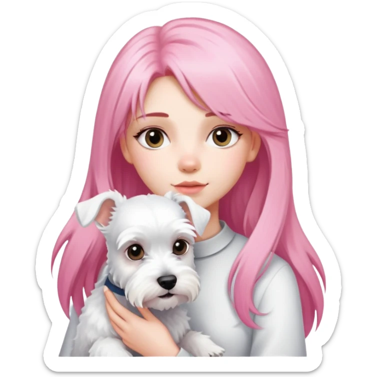 Girl with long pink hair holding a white schnauzer dog sticker