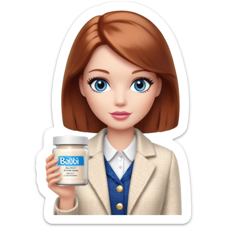 A Barbie girl with blue eyes, shoulder-length reddish-brown hair with makeup, wearing a white tweed jacket and a black skirt, holds pale beige body moisturizer cream pot sticker