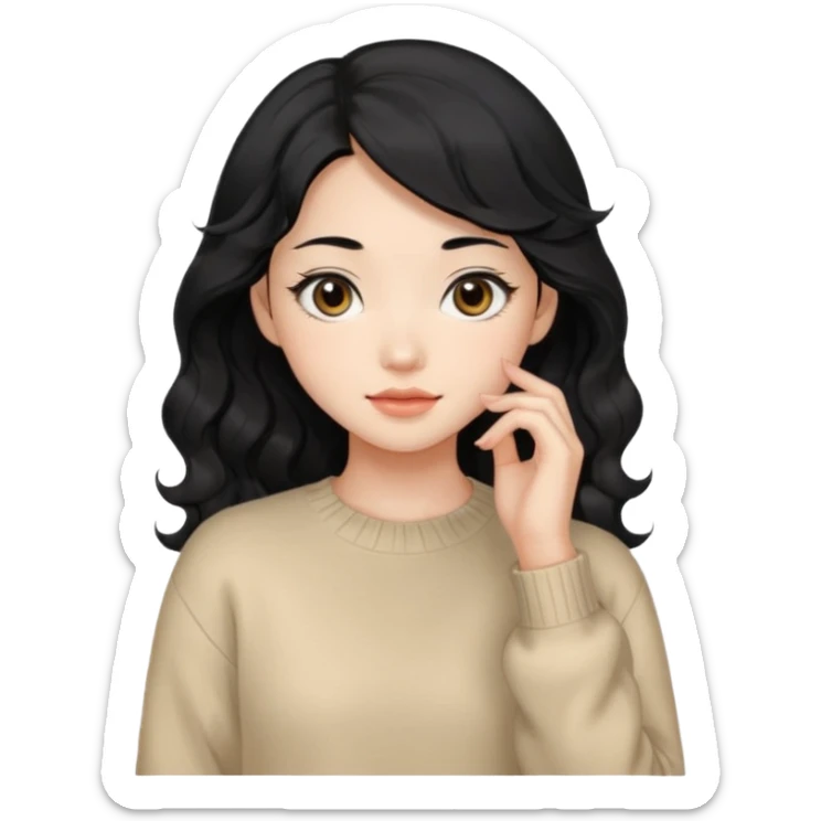 Beautiful girl,Black hair, wavy long hair,Black eyes,Chinese, beige sweater  sticker