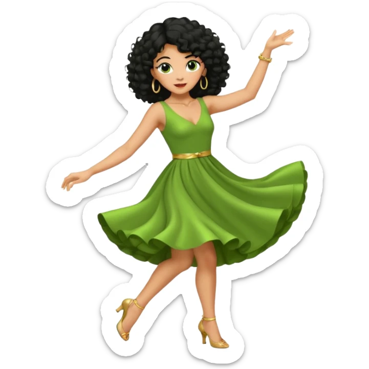 a woman with olive skin tone and curly black hair wearing green and dancing. full body, disco pose sticker