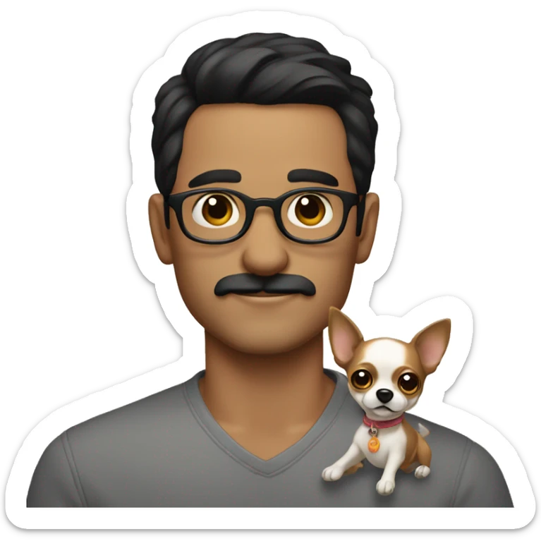 dark hair dark eye man with short mustache wearing glasses holding chihuahua sticker