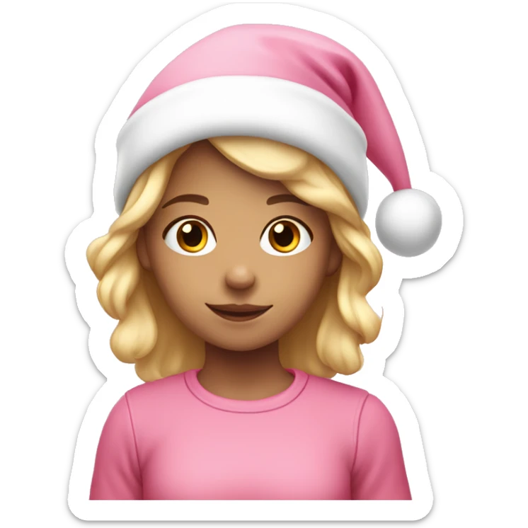 a cute little girl with blond hair and alight pink christmas hat sticker