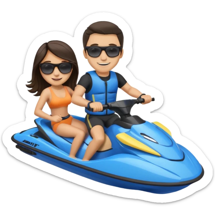 Light tan male dark hair & light tan female dark hair on a blue jet ski sticker