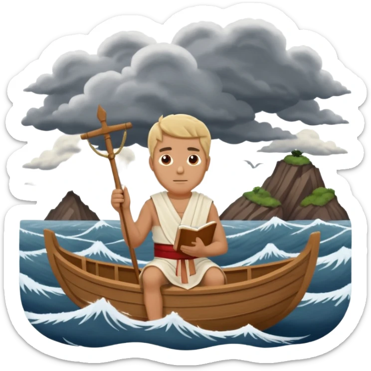 Mans op heuvel aan hetschrijven, terwijl overkant meer varen in midden van storm
In tijd van romein!
EN graag boot in romein tijd, kleine houten boot met 8 personen 
Varen meer, terwijl grote storm en golven sticker