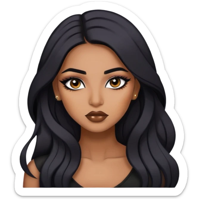 indian girl, brown skin, long black hair, brown underneath colored hair, baddie,pretty, makeup, lipliner, black eyeliner, sticker