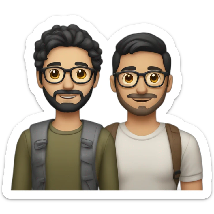 Gay couple of a 32 years old Colombian man with beard and, black hair and brown holding hand with a Vietnamese man, 21 years old, NO BEARD, with old style glasses sticker