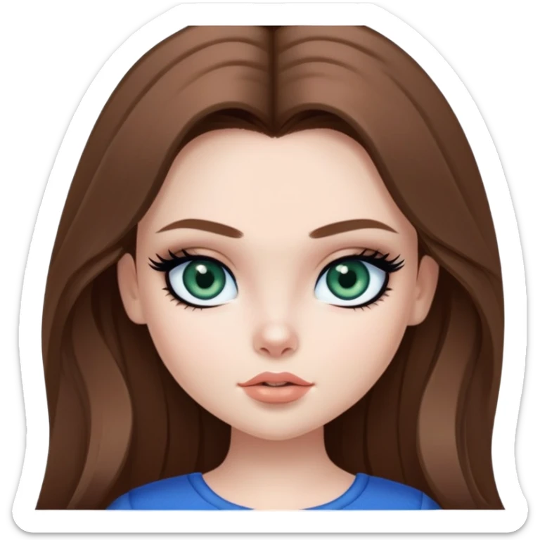 pretty bratz girl, long brown hair, dark green eyes, black eyeliner, pale skin, blue style sticker