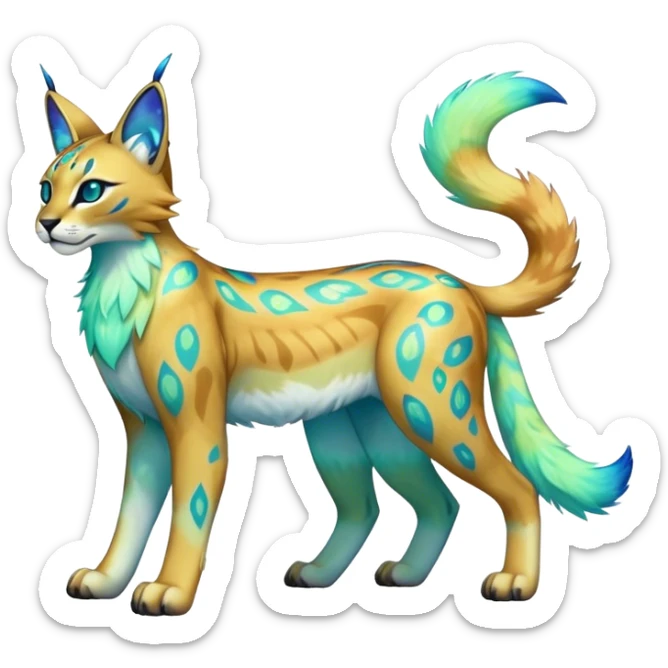 An iridescent transparent luminescent colorful fantasy-lynx-caracal-serval-fakemon-Digimon-creature-hybrid full body sticker