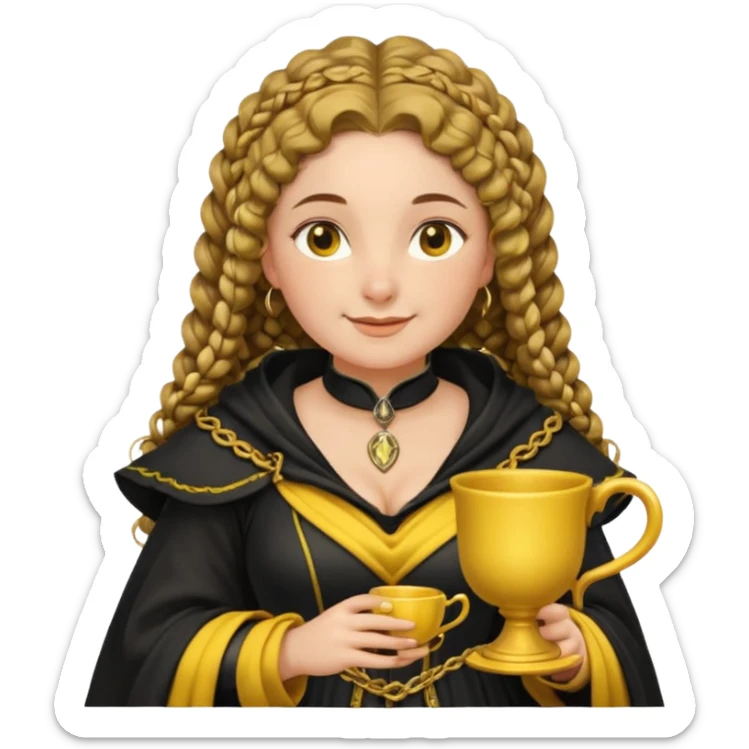 Helga Hufflepuff, 2 curly thick brown braids, yellow-black medieval dress, black cloak decorated with gold braiding, tiny two-handled shiny yellow-gold cup, very kind smile, curvy busty sweet woman, thick rosy cheeks sticker