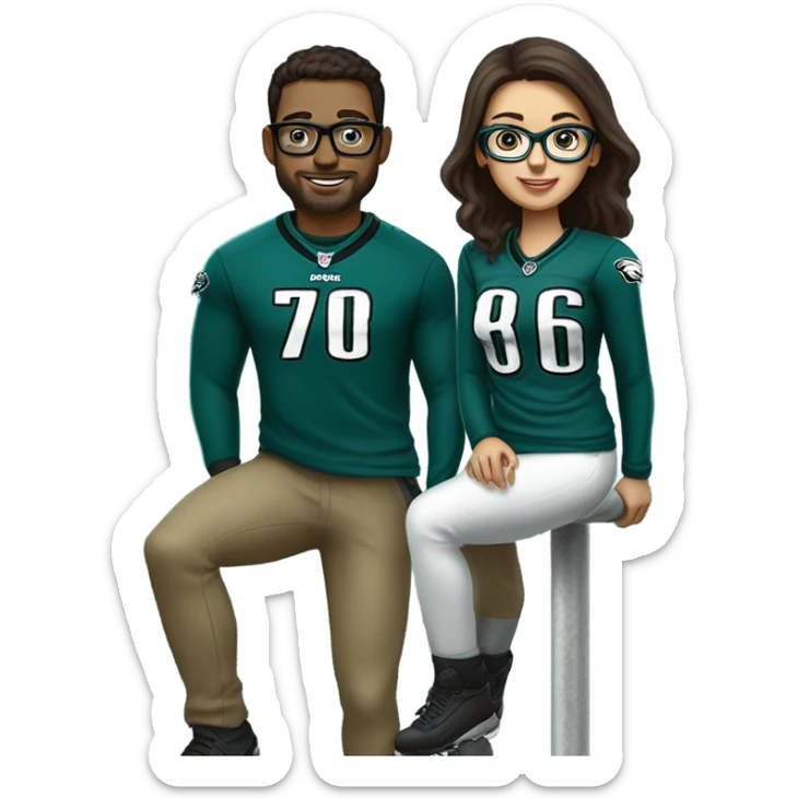 Dark brown hair female with glasses and male with light skin and light brown hair who are both eagles fan climbing up a pole sticker