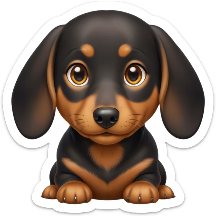 Cinematic Cute black and tan Dachshund Portrait Emoji, Head tilted playfully and inquisitively, featuring a glossy black and tan coat with a sleek sheen, round, sparkling brown eyes filled with curiosity, Simplified yet irresistibly adorable features, highly detailed, glowing with a warm, friendly glow, high shine, affectionate and spirited, stylized with a touch of whimsy, bright and endearing, soft glowing outline, capturing the essence of a mischievous yet loving pup, so playful it feels like it could dash out of the screen and into your arms! sticker
