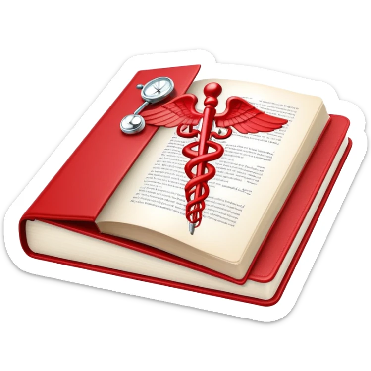 Medical textbook with red cover, caduceus symbol, open to a page showing anatomy sticker
