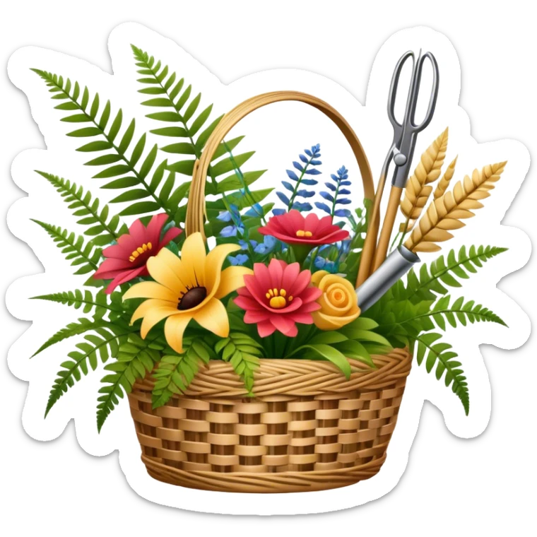 Emoji for Floristry: a bouquet of flowers in a woven basket, with reeds, ferns and floral arranging tools nearby, like scissors and a flower stem. The icon should represent creativity in flower design and arranging. Transparent background. sticker