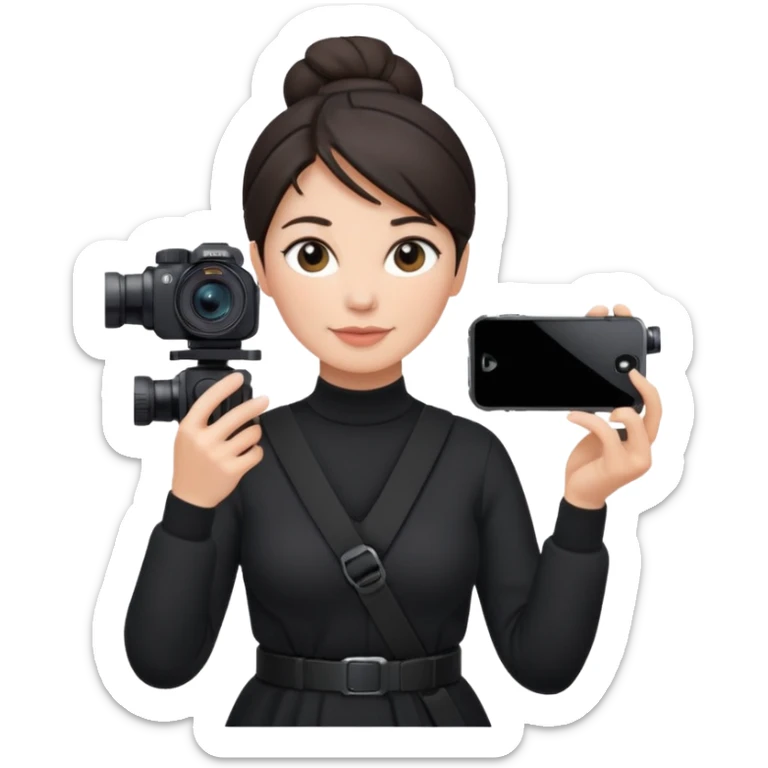 middle aged woman photographer with dark hair in a bun, wearing black clothes, carrying a canon r5 and an iPhone on a gimbal sticker