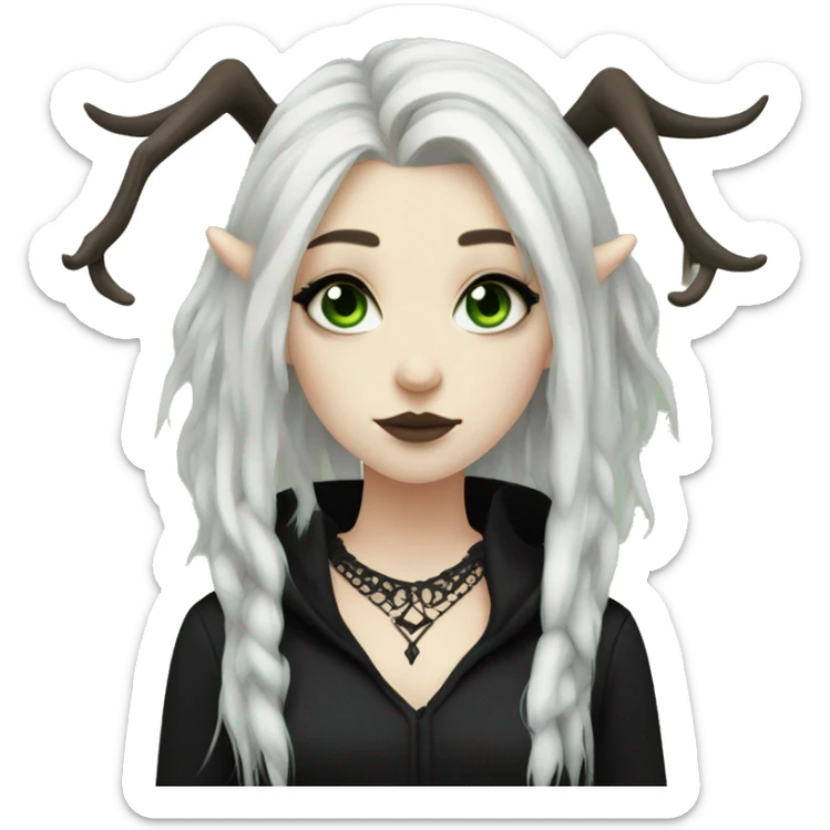 gothic girl, pale skin, green eyes, black dreads, bangs, black clothes, eyeliner, deer antlers  sticker