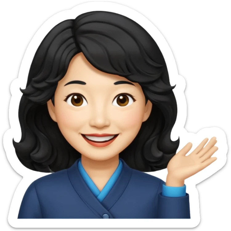 60 yr old asian woman, wavy thick black hair, side part, side swept bang, big smile sticker