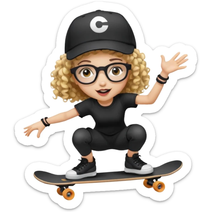 ["An excited girl with light skin, curly hair, wearing a baseball cap and square glasses, dressed in goth fashion, is skateboarding while holding a camera."] sticker
