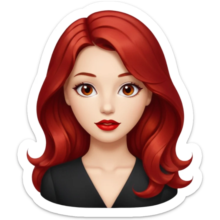 Draw a young glamorous woman with LONG cherry cola hair in a centre hair part styled slightly wavy sticker