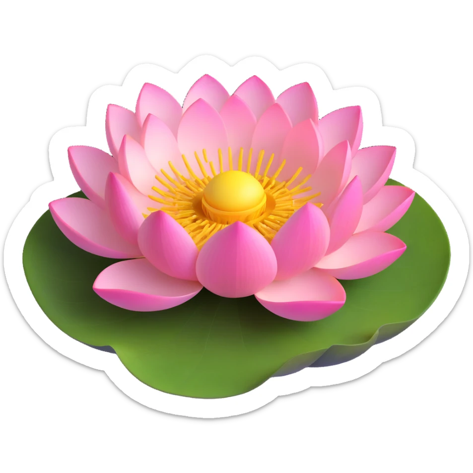 Detailed lotus flower with precise yellow seedpod center showing receptacle holes pattern, layered pink petals, and floating on botanically correct notched lotus leaf sticker