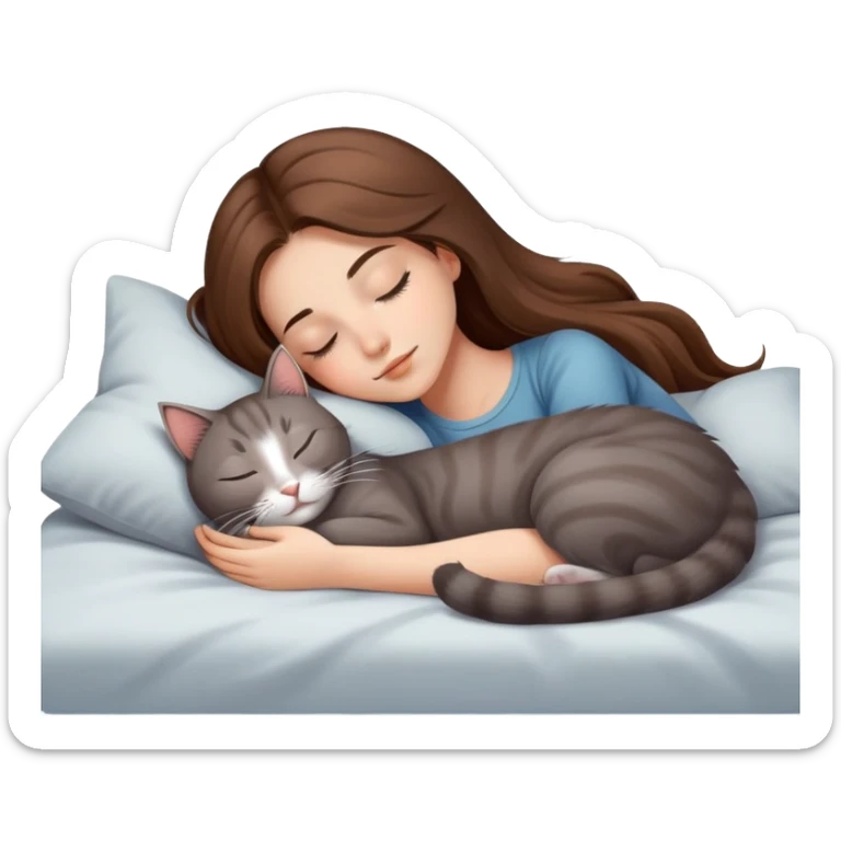 Generate a picture of a beautiful girl with long hair sleeping with a cat sticker