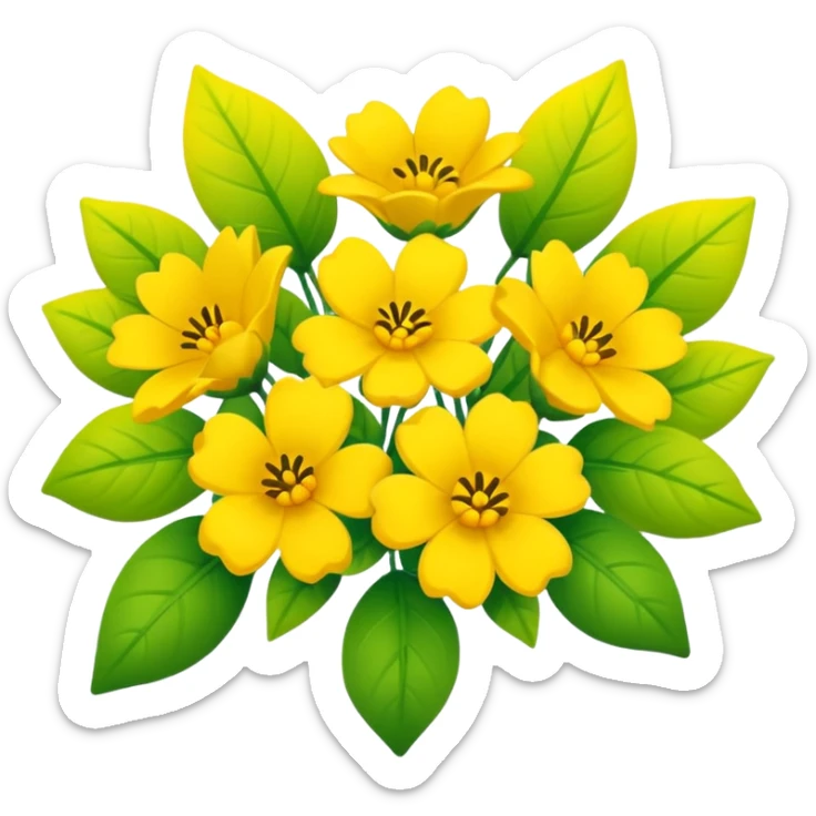 Generate a high-quality image of a bouquet of flowers dominated by yellow blooms, with a mix of green leaves, realistic colors and shading, smooth gradient colors, no human figures, no facial features, no brand markings, simple white background, high-resolution.
 sticker