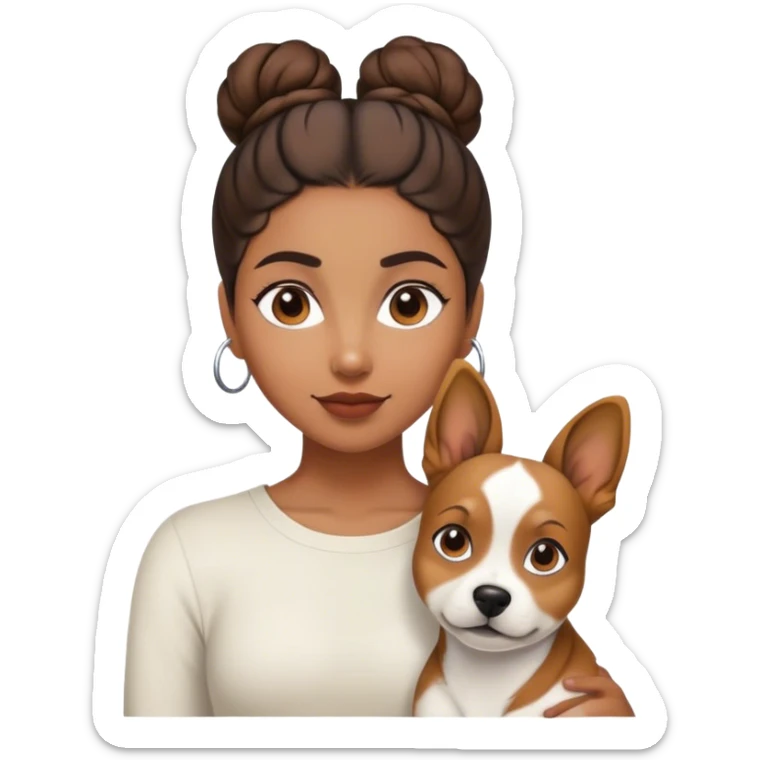 sort, 30 year old, brown girl, back Bun hairstyle, with a white brown dog sticker