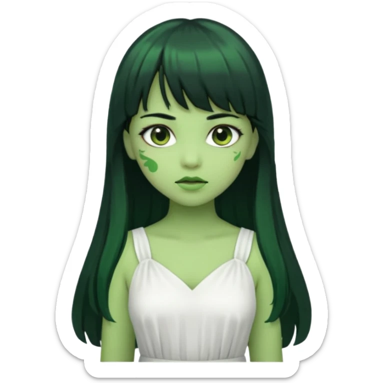 uma garota zumbi da pele verde com cabelo preto longo com franja e a roupa branca sticker