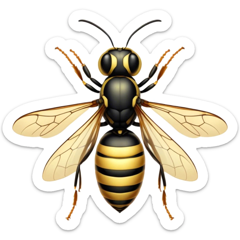 Beautiful and Majestic Wasp Portrait Emoji, Head and body rendered in serene repose with a gentle, confident smile, showcasing a refined, streamlined form with delicately patterned stripes and softly closed, focused eyes, Simplified yet exquisitely endearing features, highly detailed, glowing with a soft, drowsy radiance, high shine, relaxed and utterly noble, stylized with an air of regal insect elegance, soft glowing outline, capturing the essence of a beautiful and majestic wasp that embodies the refined power of nature! sticker