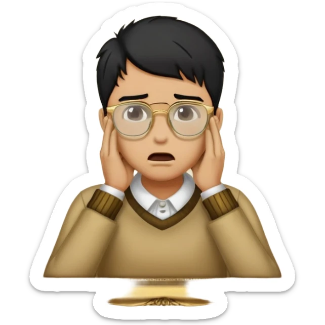 Make an apple choking emoji of a tan gender neutral person with black hair and gold frame glasses with their hand on their neck choking themselves  sticker