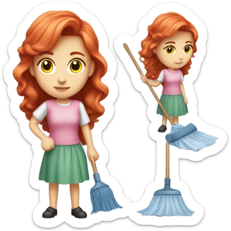 "A beautiful girl with red hair and fair skin, wearing a pink dress, cleaning another dress with a cloth. She is focused on the task and looks determined."






 sticker