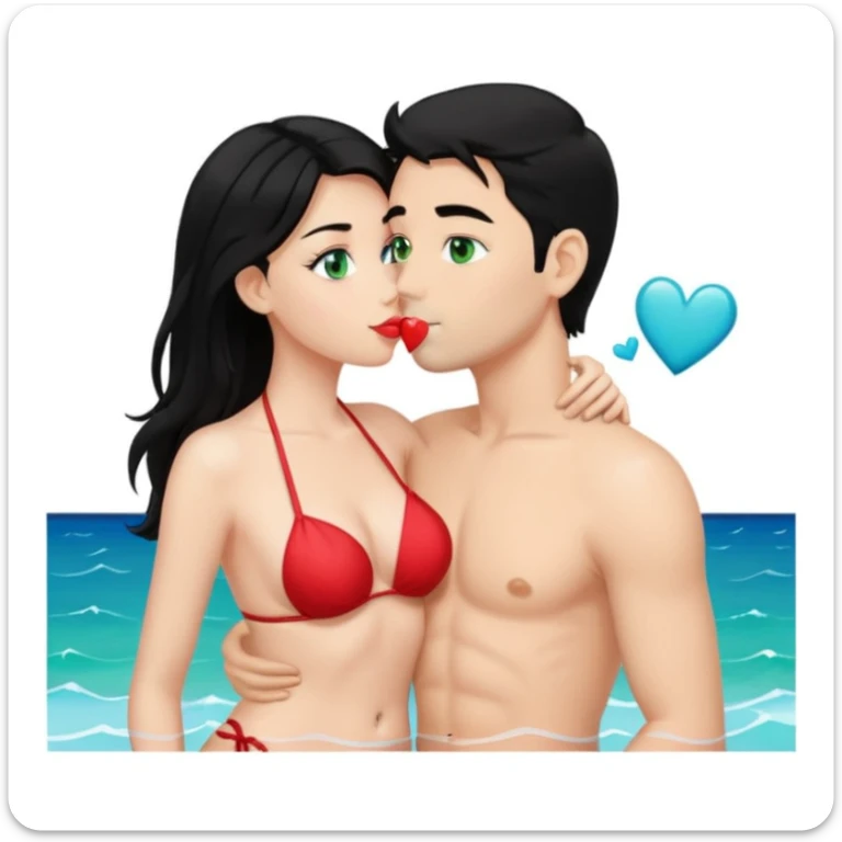 Blonde Queen Green eyes Bikini whole body Kissing man black Hair blue eyes Hearts in Body Background sea sticker
