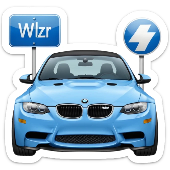 Make me an emoji with a blue bmw M3 and some kind of sign that says ‘W LZR’ sticker