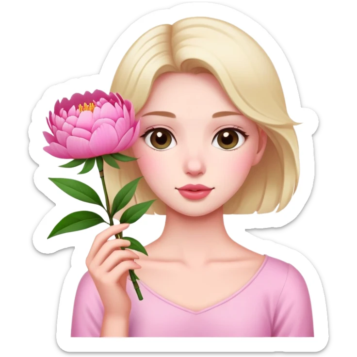 Upper body photo of a beautiful girl holding a peony flower sticker