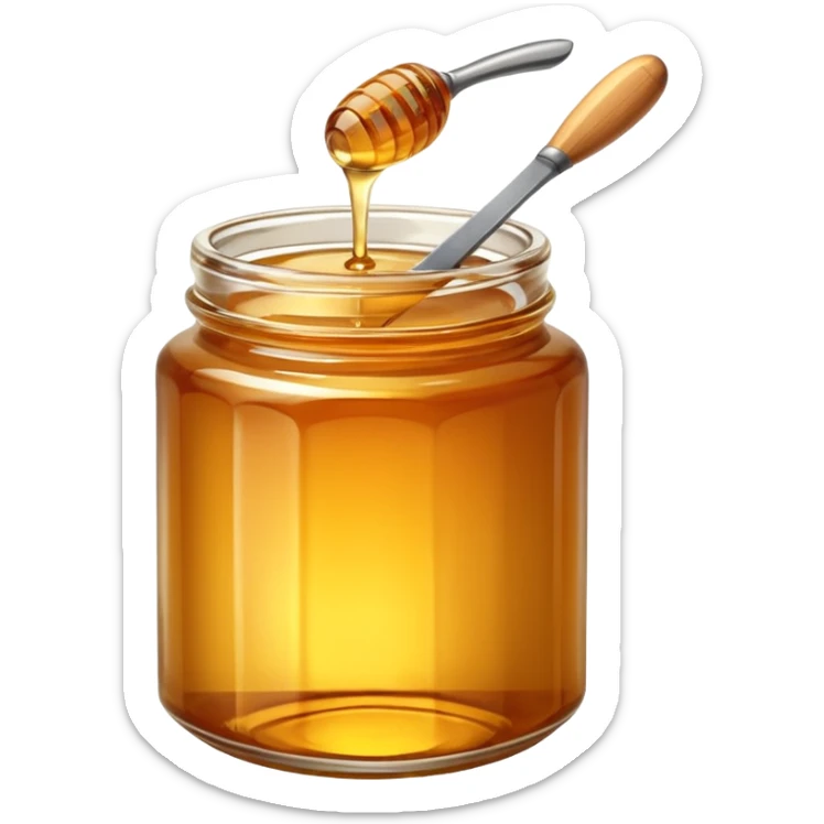 glass jar of honey with a metal knife resting on top sticker