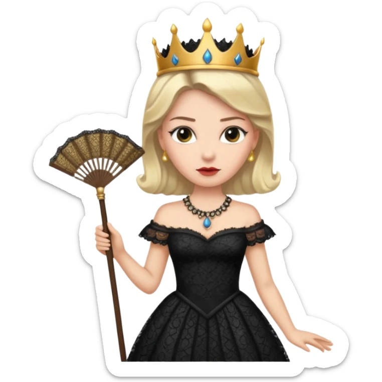 A stern queen with dark lace dress, holding a fan and observing with authority.
 sticker