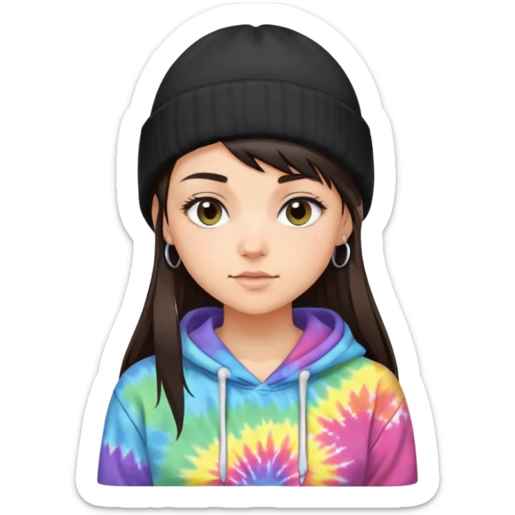 shaved side haired brunette girl with a black beanie on and a tiedye hoodie. i want her to have a side bang sticking out of her beanie sticker