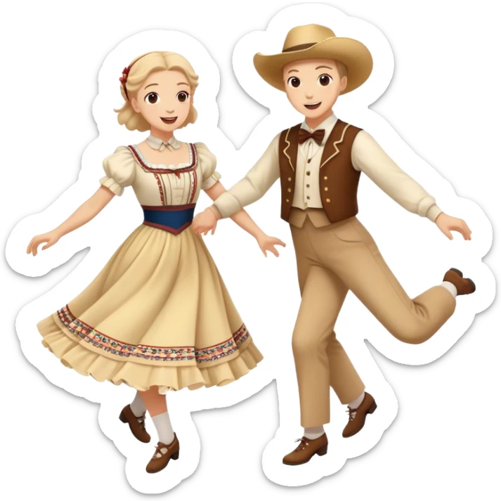 Cinematic Realistic scene of two square dancers in traditional American folk costumes, captured in joyful, coordinated motion with vibrant, rustic lighting that highlights their cultural heritage sticker