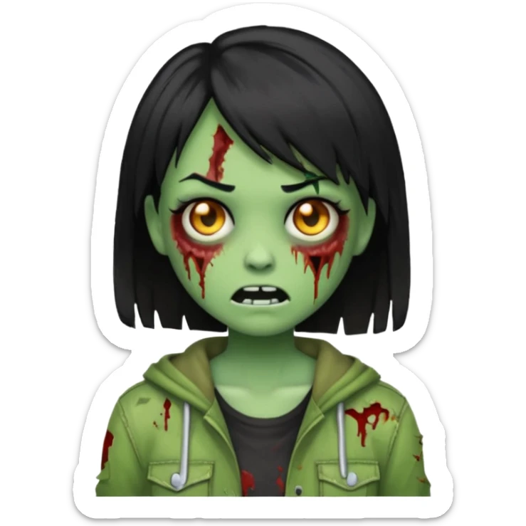 Emoji zombie girl verde com cabelo preto liso  curto sticker