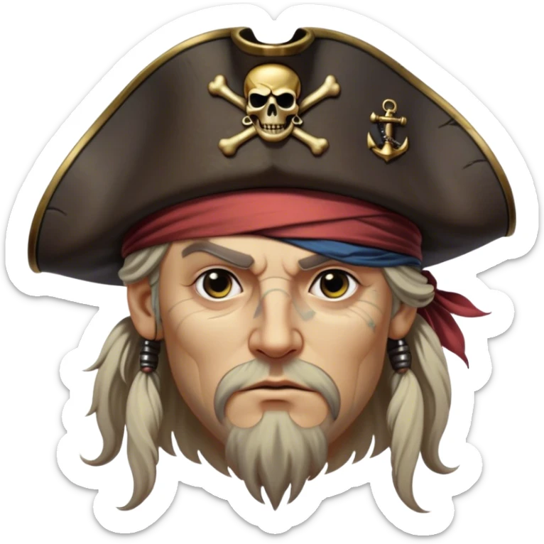 Clash of Clans aesthetic friendly Pirate Portrait Emoji, With a rugged yet stylized build featuring a weathered tricorn hat, a bold eye patch, and a determined, adventurous gaze, his face rendered in a natural skin tone (not yellow), Simplified yet sharply defined features, highly detailed, glowing with a cool, briny radiance, high shine, intelligent and daring, stylized with an air of swashbuckling nautical authority, focused and resolute, soft glowing outline, capturing the essence of a confident pirate ready to set sail on epic adventures! sticker