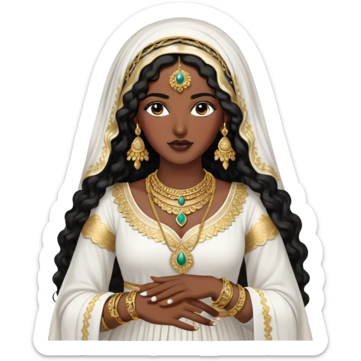 The Palestinian woman, she had long curly black hair and well defined eyebrows wears a white traditional dress. Her accessories steal the spotlight—intricately designed gold bangles, statement rings, and layered necklaces—each piece exuding heritage and craftsmanship.  sticker