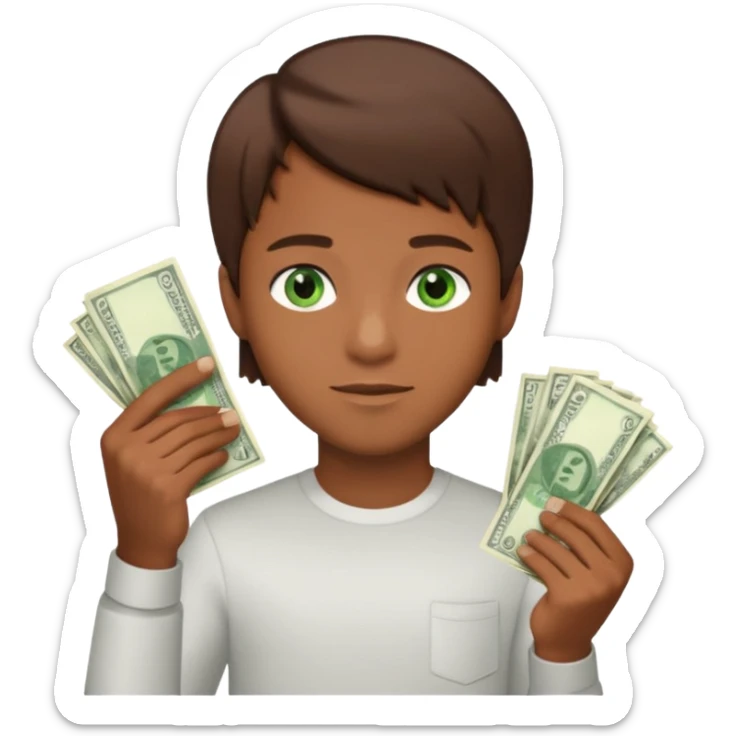 green eyes. handsome. young man. brown skin. brown hair. straight hair. short hair. white race. Holding money with his left hand sticker