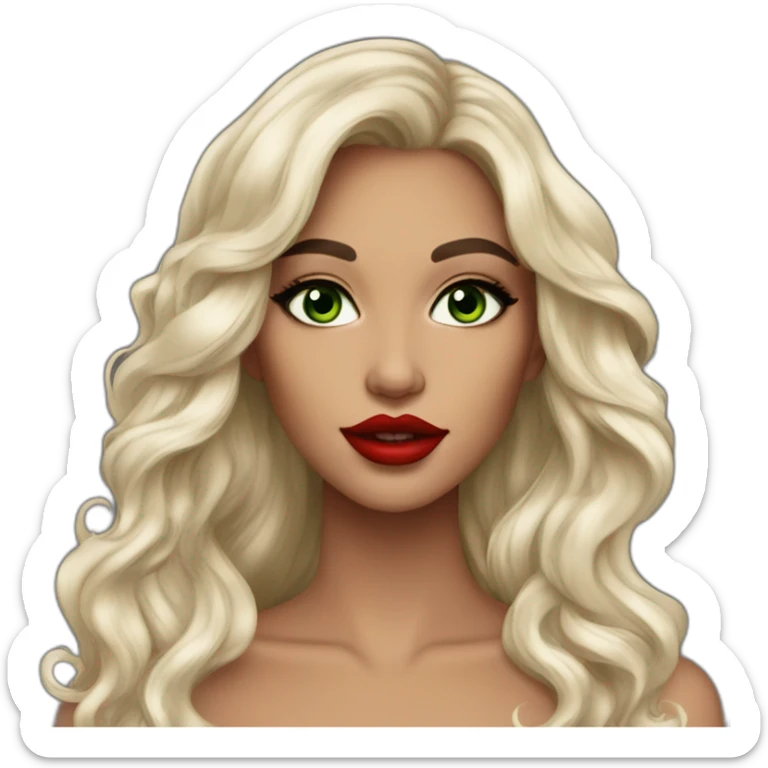 beautiful woman, green eyes, black long wavy hair, tawny skin, big lips, red lipstick, great makeup sticker