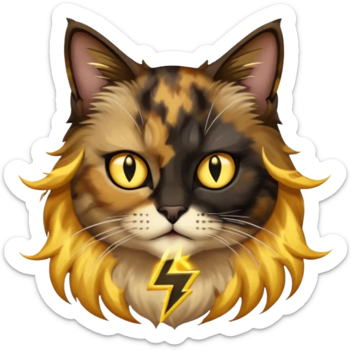long hair tortoiseshell cat with a black face, white neck and yellow lightning mark above left eye sticker
