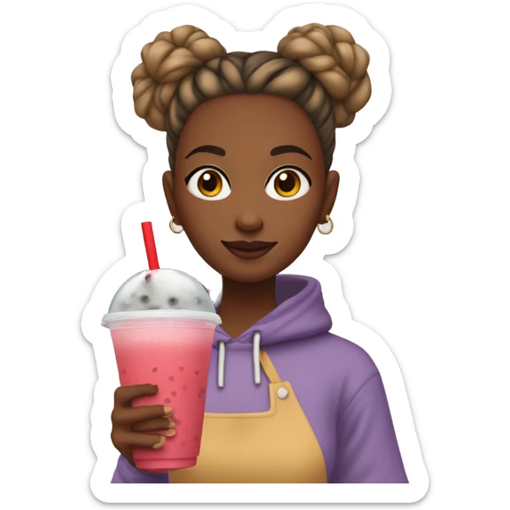girl with her hair in a bun, wearing a red sweatshirt and holding bubble tea sticker