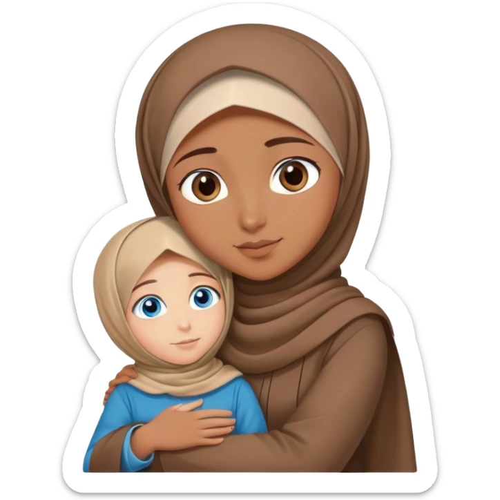 Turkish beautiful finish Konya girl blue eyes with brown beige hijab islamic dress and hugs with big boy brother  sticker