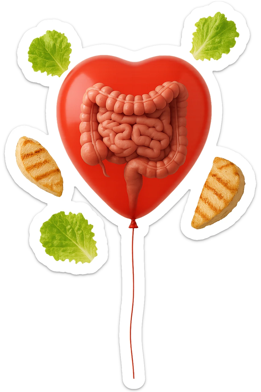 intestino anatomico realistico chiuso in un palloncino rosso e foglie di insalata e petto di pollo grigliato che fluttuano intorno sticker