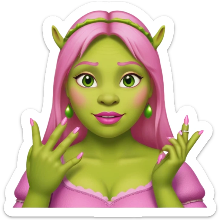 Shrek with pink skin and pink long nails and pink lipstick sticker