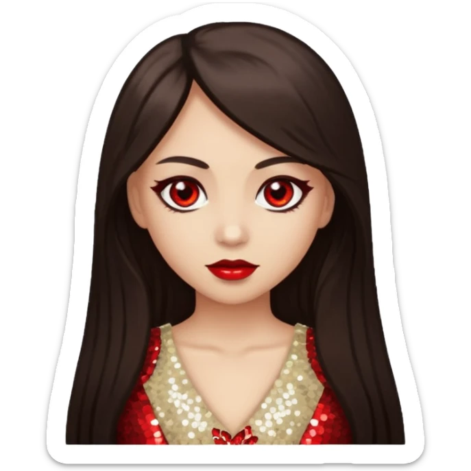 Bloody Mary with light skin, long dark brown hair, red eye, ivory sequin outfit sticker