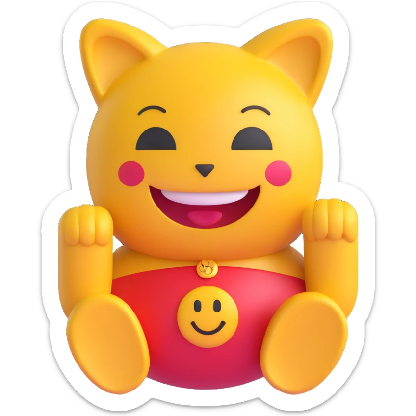 3D smiley emoji, round shape, maneki-neko (Japanese lucky cat) motif, lucky face sticker
