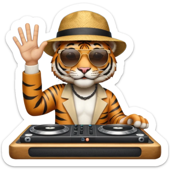 Un tigre con sombrero estilo cubano, una mesa de dj y gafas de sol. Una mano en la mesa de dj y la otra mano señalando al cielo a Dios. La otra mano encima de la mesa de dj por favor  sticker
